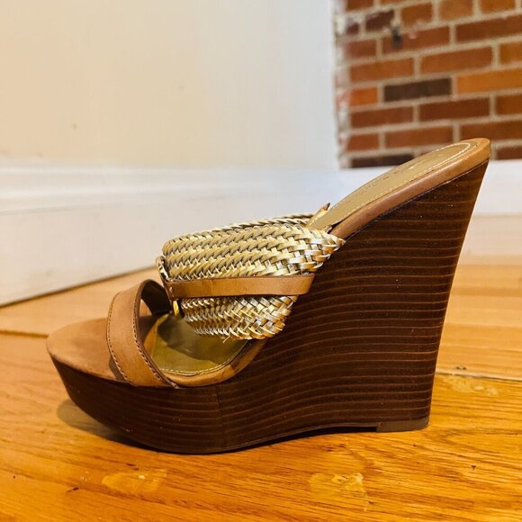 Coach Beatriz Women Sz 6.5 Wedge Heel Platform Sandal Gold Tan Brown Slingback - Picture 11 of 16